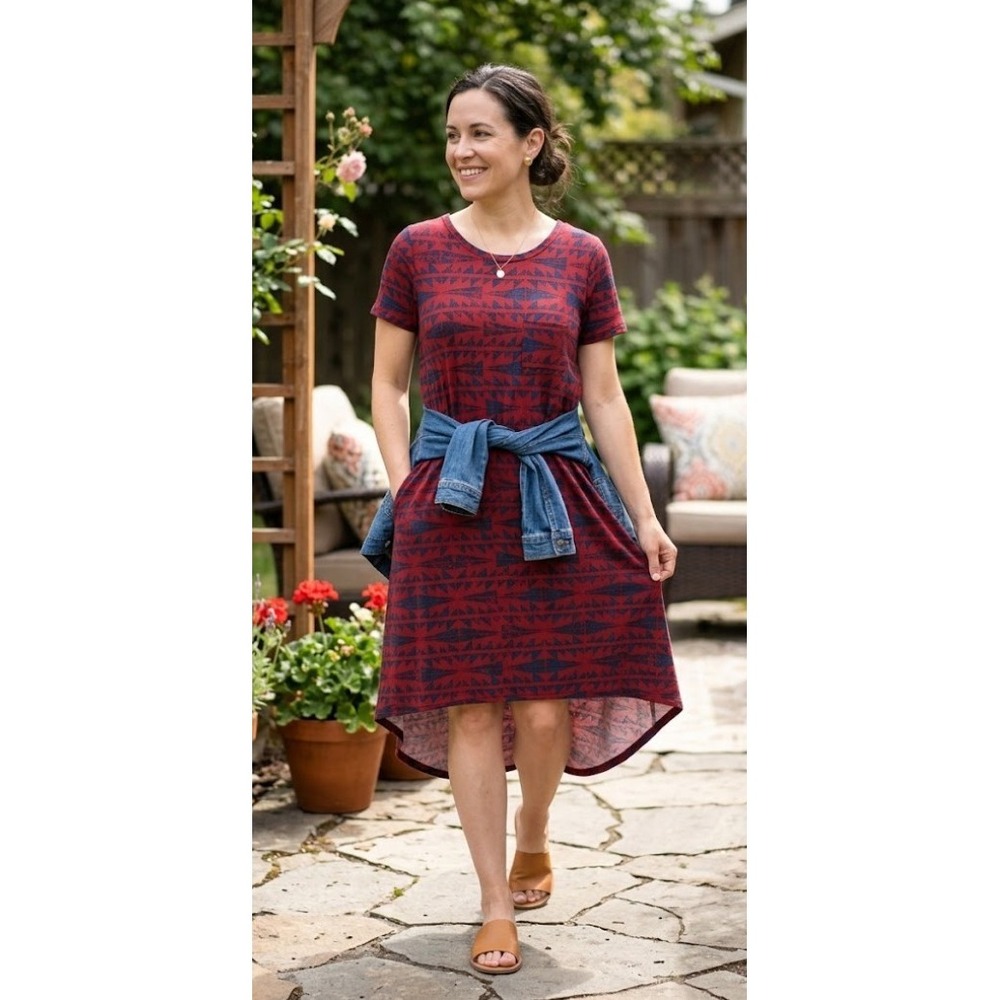 LuLaRoe Carly Geometric Tribal High Low Swing Dress Red Navy Short Sleeve Pocket